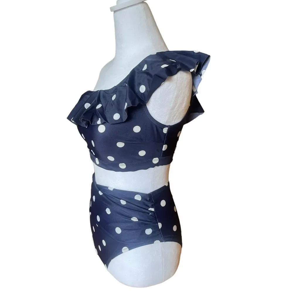 Old Navy One Shoulder High Waist Bikini Navy Blue White Polka Dots Size Small
